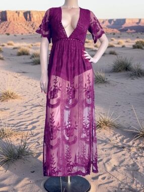 Honey Punch Plum Buegundy Lace Sheer Maxi Dress/ Romper Coachella Festival Boho